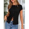 image:imageSidefeel Summer Tops for Women 2026 Cap Sleeve Ribbed Button Down Crewneck Slim Fitted Cute Going Out TopsBlack