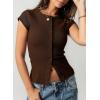image:imageSidefeel Summer Tops for Women 2026 Cap Sleeve Ribbed Button Down Crewneck Slim Fitted Cute Going Out TopsChicory Coffee