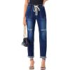 image:imageSidefeel Womens High Waisted Drawstring Jeans Pull On Cargo Joggers Zimbaplatinum Ripped Elastic Waist Denim PantsDark Blue
