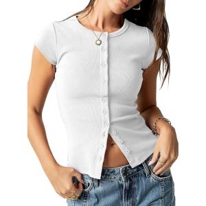 image:imageSidefeel Summer Tops for Women 2026 Cap Sleeve Ribbed Button Down Crewneck Slim Fitted Cute Going Out TopsWhite