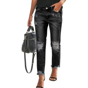 image:imageSidefeel Womens Boyfriend Jeans Stretchy Ripped Distressed Zimbaplatinum Denim Pants Size 418Ablack