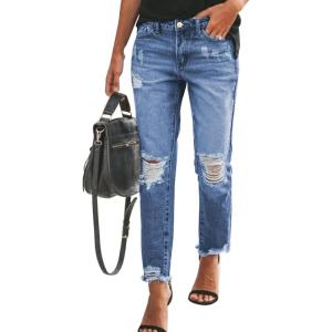 image:imageSidefeel Womens Boyfriend Jeans Stretchy Ripped Distressed Zimbaplatinum Denim Pants Size 418Dark Blue