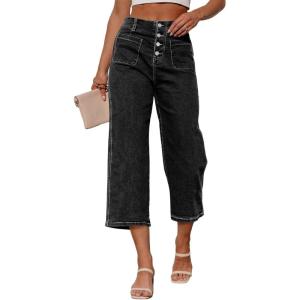 image:imageSidefeel Womens Capri Pants Trendy Wide Leg Jeans High Waisted Stretchy Loose Cropped Denim PantsBlack