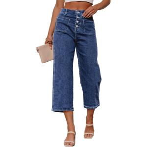 image:imageSidefeel Womens Capri Pants Trendy Wide Leg Jeans High Waisted Stretchy Loose Cropped Denim PantsDark Blue