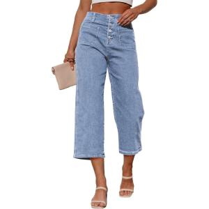 image:imageSidefeel Womens Capri Pants Trendy Wide Leg Jeans High Waisted Stretchy Loose Cropped Denim PantsIceland Blue