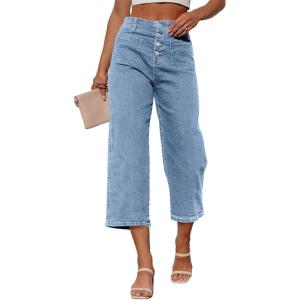 image:imageSidefeel Womens Capri Pants Trendy Wide Leg Jeans High Waisted Stretchy Loose Cropped Denim PantsMist Blue