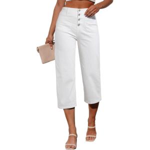 image:imageSidefeel Womens Capri Pants Trendy Wide Leg Jeans High Waisted Stretchy Loose Cropped Denim PantsWhite