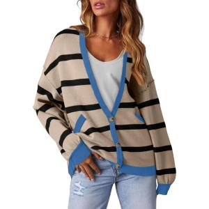 image:imageSidefeel Womens Cardigan 2024 Fall Sweaters Open Front Coat Oversized Striped Chunky Outwear with Pockets