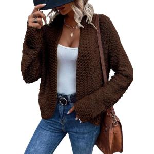 image:imageSidefeel Womens Cardigan Sweaters Casual Long Sleeve Cropped Open Front Chunky Knit Coats Fall SweatersBrown