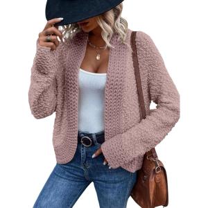 image:imageSidefeel Womens Cardigan Sweaters Casual Long Sleeve Cropped Open Front Chunky Knit Coats Fall SweatersPink