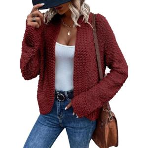 image:imageSidefeel Womens Cardigan Sweaters Casual Long Sleeve Cropped Open Front Chunky Knit Coats Fall SweatersRed
