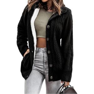 image:imageSidefeel Womens Cardigan Sweaters Hooded Fleece Lined Button Down Winter Sweater CoatBlack