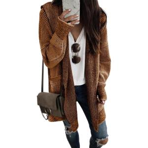 image:imageSidefeel Womens Cardigan Sweaters Hooded Oversized Open Front Chunky Knit Plaid Sweater Coat Fall Fashion TopsBrown