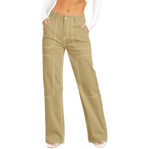 image:imageSidefeel Womens Cargo Jeans Casual Loose Mid Rise Wide Leg Denim PantsBeige