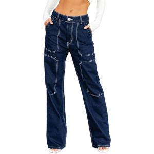 image:imageSidefeel Womens Cargo Jeans Casual Loose Mid Rise Wide Leg Denim PantsBlue