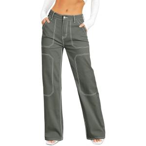 image:imageSidefeel Womens Cargo Jeans Casual Loose Mid Rise Wide Leg Denim PantsFour Leaf Clover