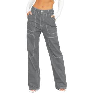 image:imageSidefeel Womens Cargo Jeans Casual Loose Mid Rise Wide Leg Denim PantsGray