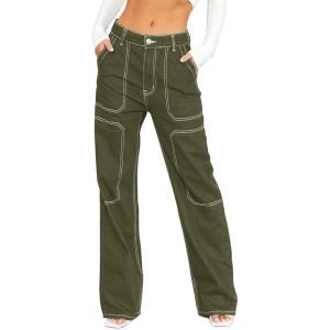 image:imageSidefeel Womens Cargo Jeans Casual Loose Mid Rise Wide Leg Denim PantsGreen