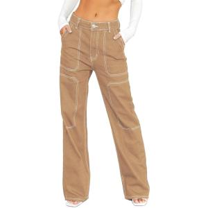 image:imageSidefeel Womens Cargo Jeans Casual Loose Mid Rise Wide Leg Denim PantsKhaki