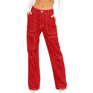 image:imageSidefeel Womens Cargo Jeans Casual Loose Mid Rise Wide Leg Denim PantsRed