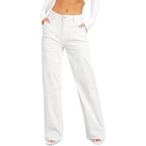 image:imageSidefeel Womens Cargo Jeans Casual Loose Mid Rise Wide Leg Denim PantsWhite