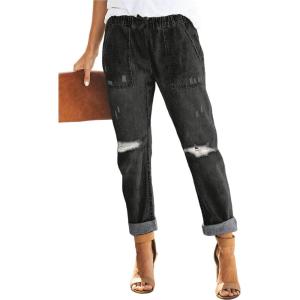 image:imageSidefeel Womens High Waisted Drawstring Jeans Pull On Cargo Joggers Zimbaplatinum Ripped Elastic Waist Denim PantsBlack