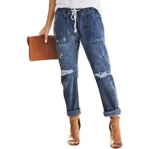 image:imageSidefeel Womens High Waisted Drawstring Jeans Pull On Cargo Joggers Zimbaplatinum Ripped Elastic Waist Denim PantsBlue
