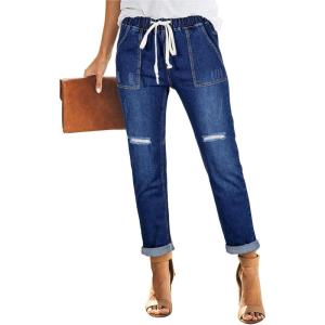 image:imageSidefeel Womens High Waisted Drawstring Jeans Pull On Cargo Joggers Zimbaplatinum Ripped Elastic Waist Denim PantsDark Blue