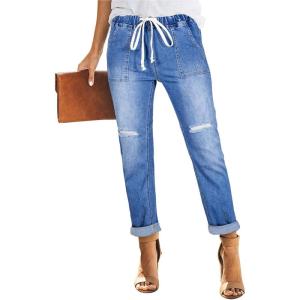image:imageSidefeel Womens High Waisted Drawstring Jeans Pull On Cargo Joggers Zimbaplatinum Ripped Elastic Waist Denim PantsIceland Blue