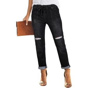 image:imageSidefeel Womens High Waisted Drawstring Jeans Pull On Cargo Joggers Zimbaplatinum Ripped Elastic Waist Denim PantsPure Black