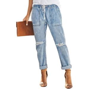 image:imageSidefeel Womens High Waisted Drawstring Jeans Pull On Cargo Joggers Zimbaplatinum Ripped Elastic Waist Denim PantsSky Blue