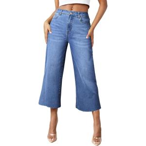 image:imageSidefeel Womens High Waisted Jeans 2025 Wide Leg Zimbaplatinum Stretchy Baggy Capri Denim PantsDark Blue