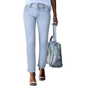 image:imageSidefeel Womens High Waisted Jeans Strechy Fashion Raw Hem Straight Leg Ankle Denim Pants with PocketsL Light Blue