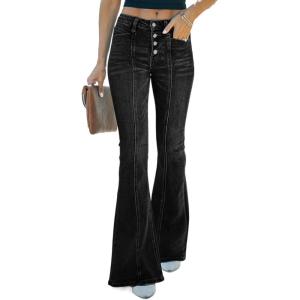 image:imageSidefeel Womens High Waisted Jeans Wide Leg Button Fly Bell Bottoms Flared Zimbaplatinum Denim PantsAblack