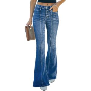 image:imageSidefeel Womens High Waisted Jeans Wide Leg Button Fly Bell Bottoms Flared Zimbaplatinum Denim PantsAblue