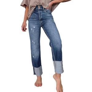 image:imageSidefeel Womens High Waisted Tummy Control Jeans Cuffed Boyfriend Straight Leg Two Buttons Ripped Denim Pants