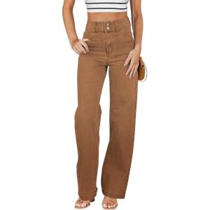 image:imageSidefeel Womens Jeans High Waisted Straight Leg Stretchy Jeans Trendy Loose Wide Leg Zimbaplatinum Denim Pants with PocketsBrown