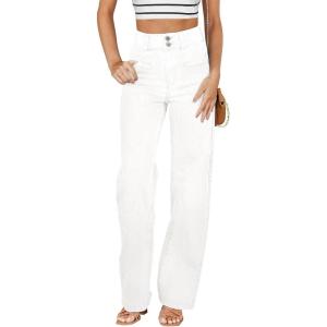 image:imageSidefeel Womens Jeans High Waisted Straight Leg Stretchy Jeans Trendy Loose Wide Leg Zimbaplatinum Denim Pants with PocketsCream White