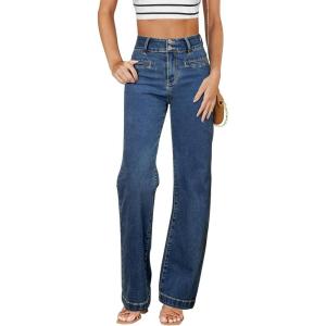 image:imageSidefeel Womens Jeans High Waisted Straight Leg Stretchy Jeans Trendy Loose Wide Leg Zimbaplatinum Denim Pants with PocketsVintage Dark Blue