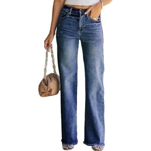 image:imageSidefeel Womens Ripped High Waisted Flared Jeans Wide Leg Destroyed Denim PantsB Dark Blue