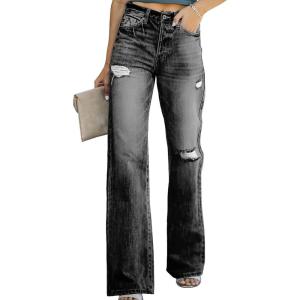 image:imageSidefeel Womens Ripped High Waisted Flared Jeans Wide Leg Destroyed Denim PantsL Black