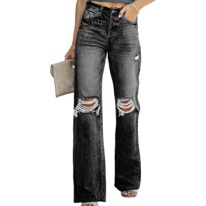 image:imageSidefeel Womens Ripped High Waisted Jeans Wide Leg Destroyed Denim PantsL1 Black