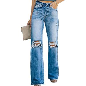 image:imageSidefeel Womens Ripped High Waisted Jeans Wide Leg Destroyed Denim PantsL2 Blue