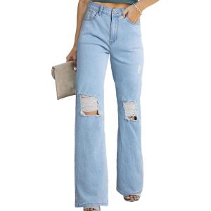 image:imageSidefeel Womens Ripped High Waisted Jeans Wide Leg Destroyed Denim PantsMist Blue