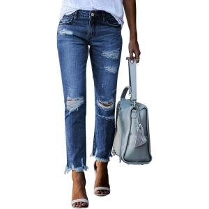 image:imageSidefeel Womens Ripped Jeans Straight Leg Distressed Boyfriend Denim PantsA Blue