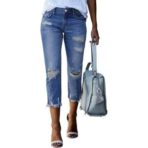 image:imageSidefeel Womens Ripped Jeans Straight Leg Distressed Boyfriend Denim PantsC Blue