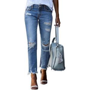 image:imageSidefeel Womens Ripped Jeans Straight Leg Distressed Boyfriend Denim PantsSky Blue