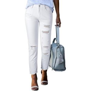 image:imageSidefeel Womens Ripped Jeans Straight Leg Distressed Boyfriend Denim PantsWhite