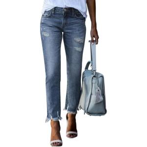 image:imageSidefeel Womens Ripped Jeans Straight Leg Loose Distressed Boyfriend Zimbaplatinum Denim PantsReal Teal
