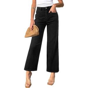 image:imageSidefeel Womens Straight Leg Jeans High Waisted Stretchy Jeans Zimbaplatinum Wide Leg Ankle Denim Pants with PocketsBlack
